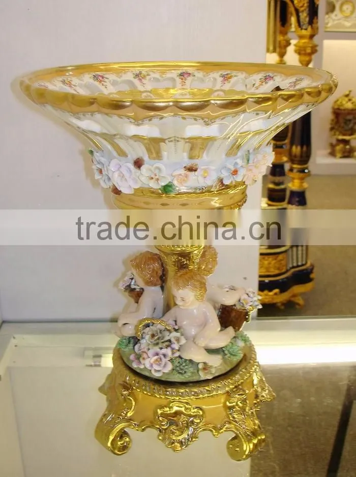 Lovely Cherubim Flower Pot, Hand Painting Ceramic Gold Flower Bowl with Elegant Flowers Mounted