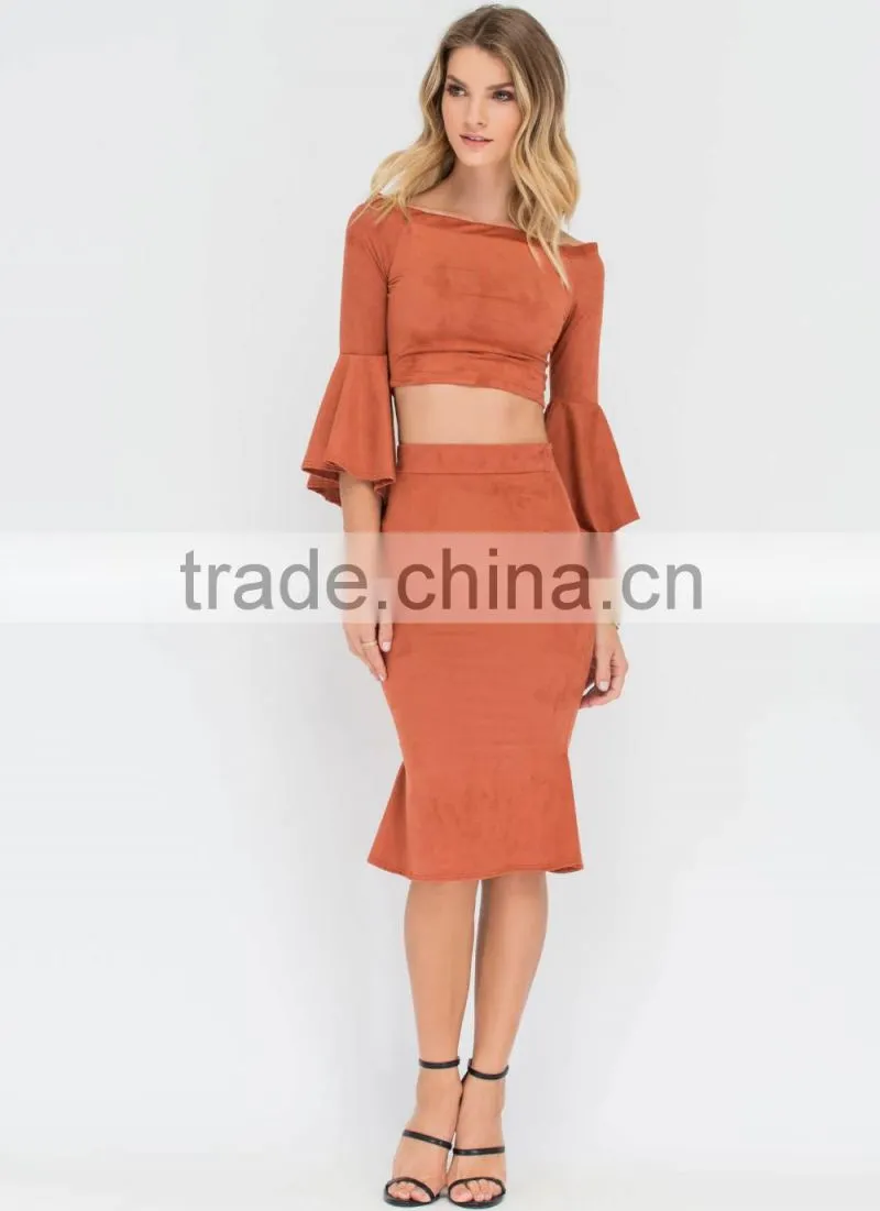 Ladies designer skirt suits off shoulder flared sleeve crop top and tight fishtail skirt