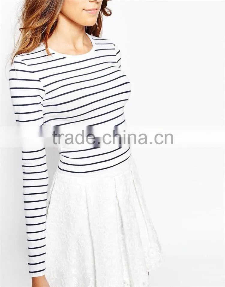 Long sleeve black and white stripe t shirts for women