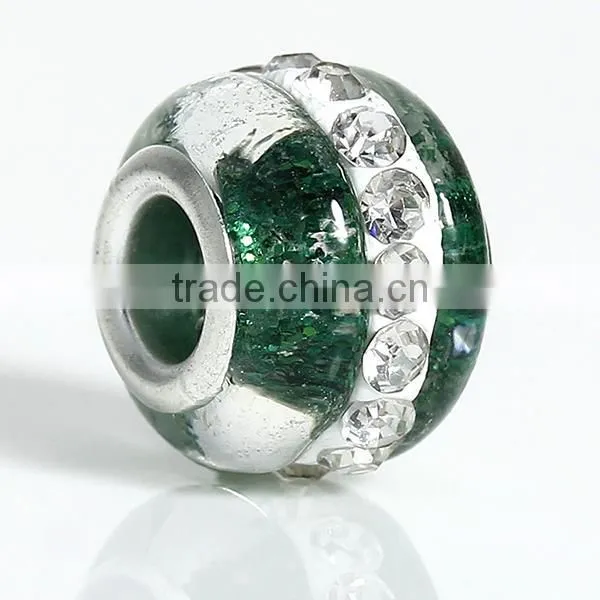 Lampwork Glass European Style Large Hole Charm Beads Round Silver Plated Core Green Clear Rhinestone