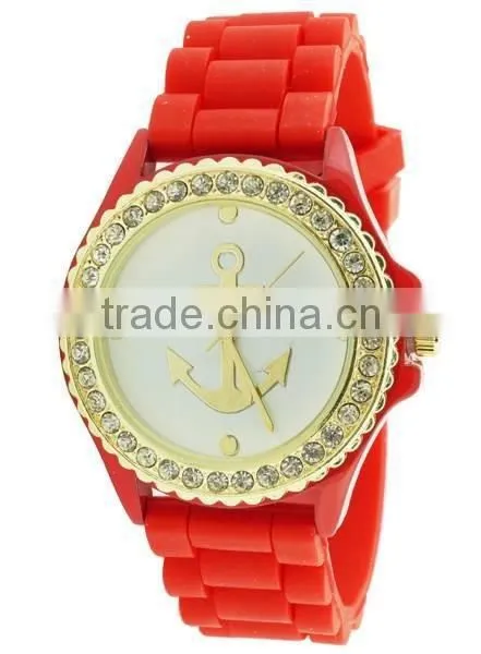 Vogue design gold anchor dial silicone watch, candy color 3D face jelly watch, girls boys hot fashion watch
