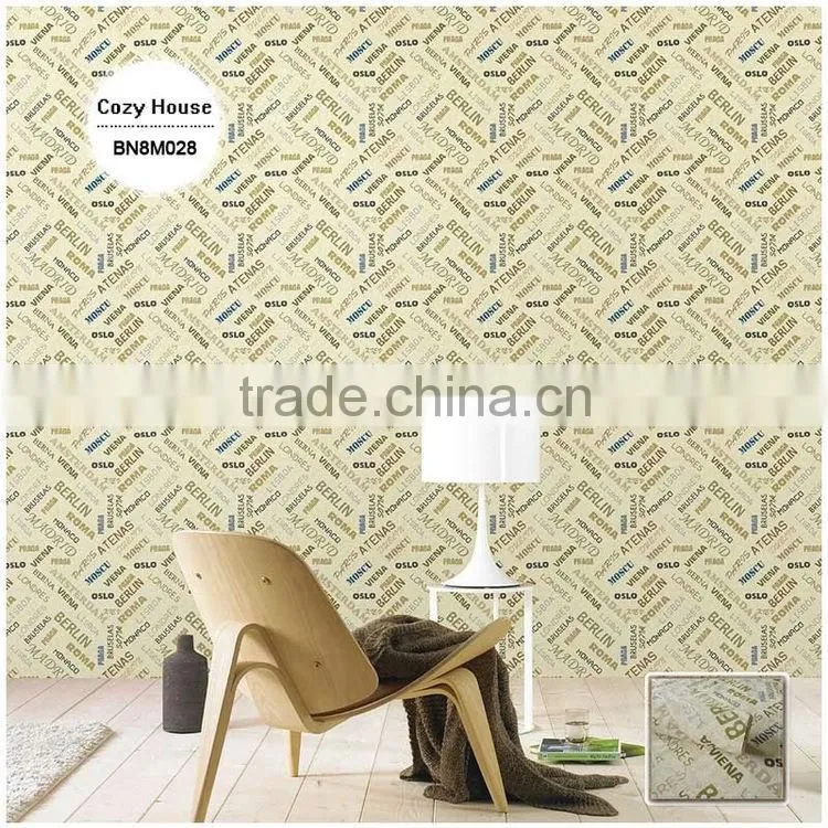 printing pvc wallpaper, cream vintage letters wall paper for study room , fancy wallcovering dealer