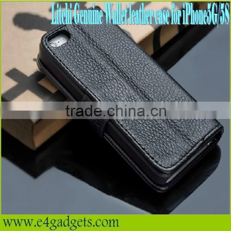 Luxury business style Litchi Vein cowhide leather case hot selling wallet case for iphone 5