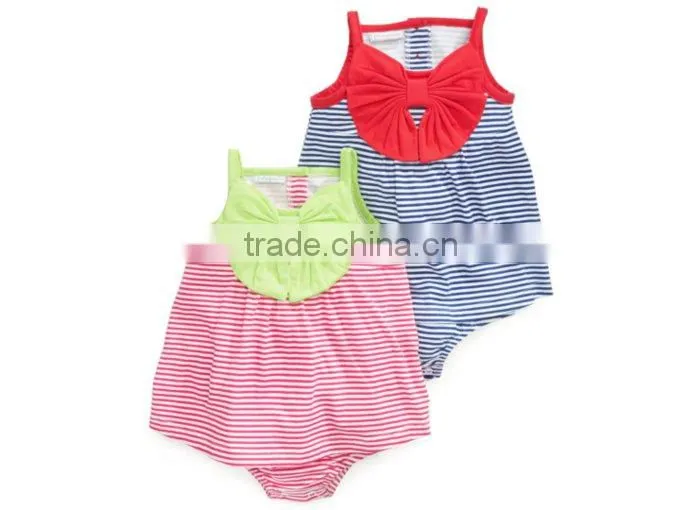 Wholesale China Cotton Babies Girls Sleeveless Stripes Bow Dress Rompers
