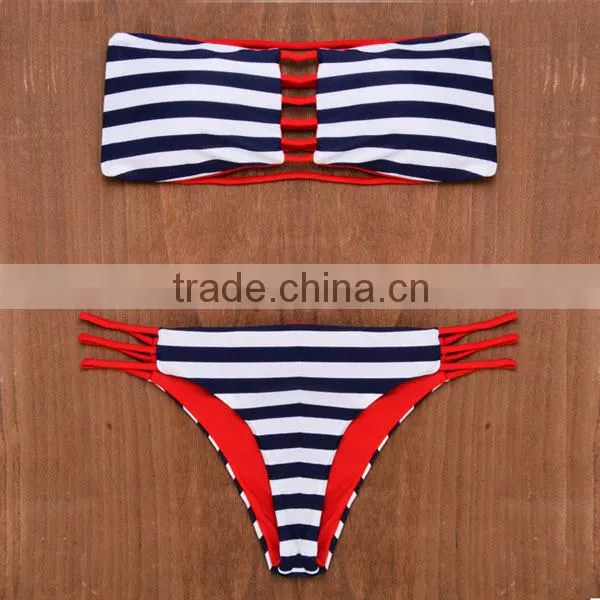 Navy blue and white striped popular Brazilian reversible bikini