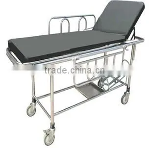 Stainless Steel Stretcher Trolley with oxygen bottle support and a shelf for storage