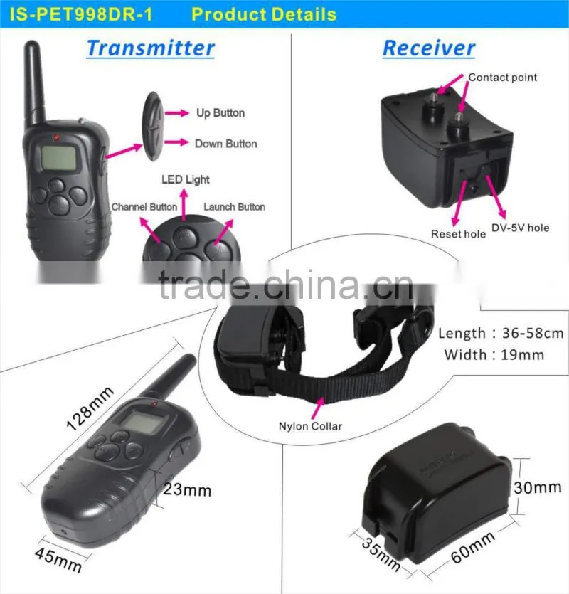 998DR Electric 100 Level Rechargeable Remote Control Vibration and Static Dog Collar