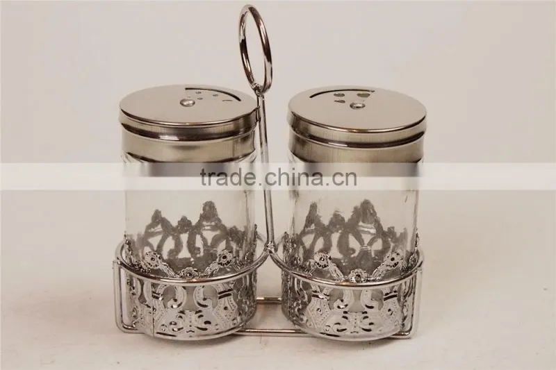 silver embossing coat glass spice jar with basket