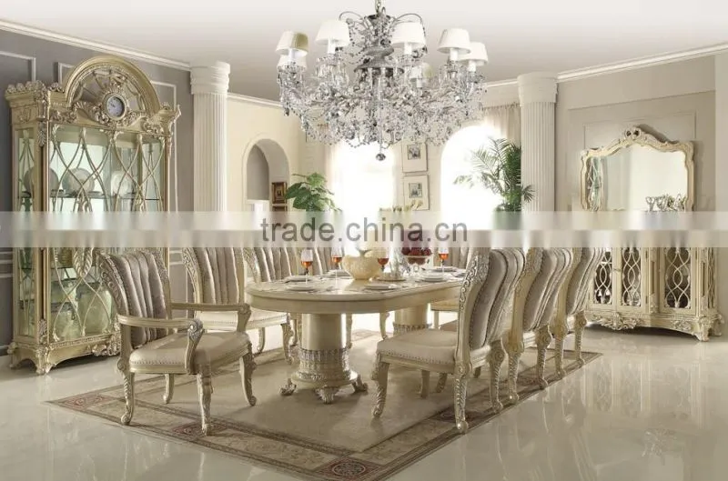 Ivory White Antique European Style Royal Hand Carved 8 Persons Long Dining Table With Matching Side Chair(MOQ=1 SET)