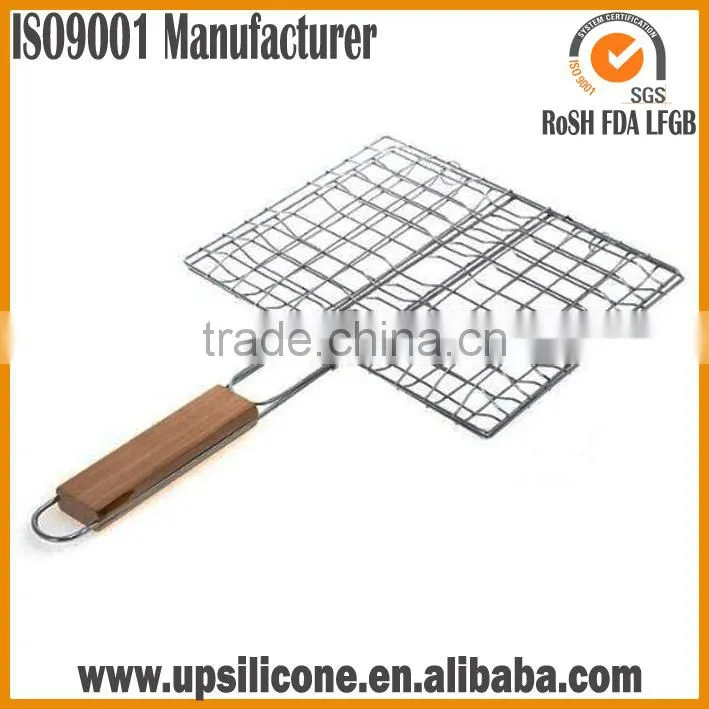 Non-Stick BBQ Fish Grilling Basket / Grill Stainless Steel Wire Mesh/BBQ Grill Mesh With Wooden Handle/Grill Lattice