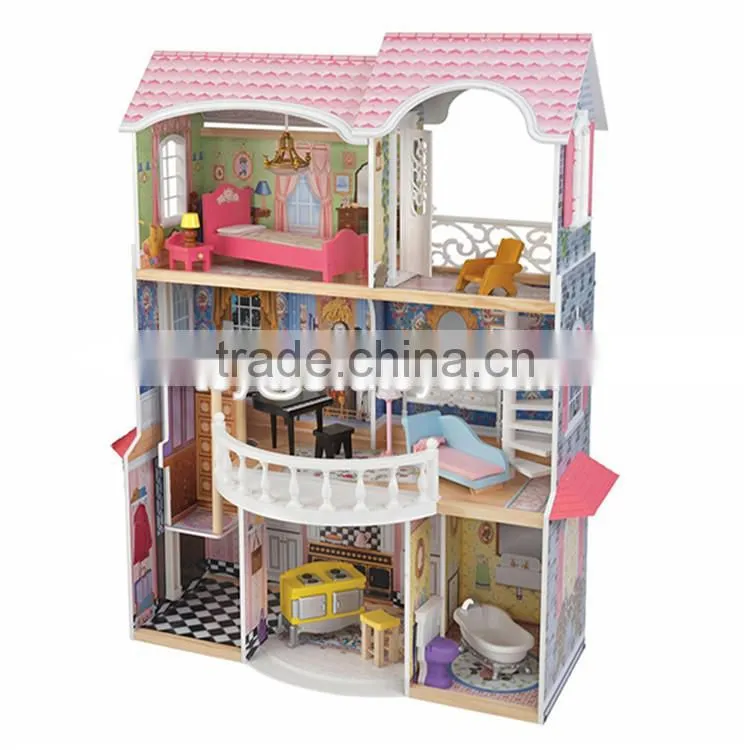 New design luxurious and attractive 34 furniture pieces girls wooden doll house toys W06A217
