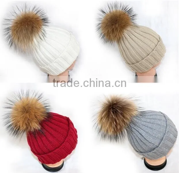 Winter Kids Fur Pom pom Hats Baby Knitted Beanie 100% Real Raccoon Fur Cap For Boy Girl