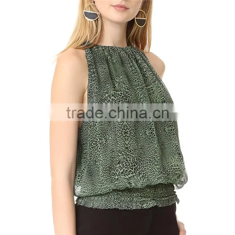 2017 OEM Women Breezy Elastic Round Neckline Leopard Blouse