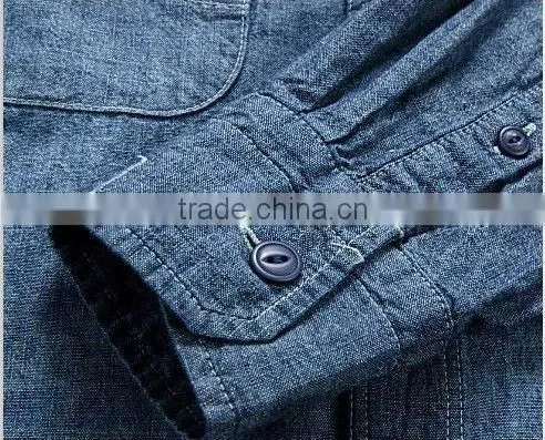100% cotton dark blue washed cowboy long sleeve casual shirts for men with two pockets
