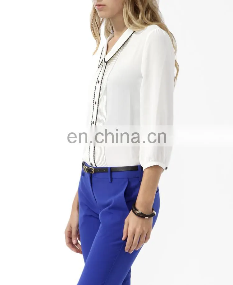 CHEFON Custom embroidered womens white long sleeve cotton blouse 2016