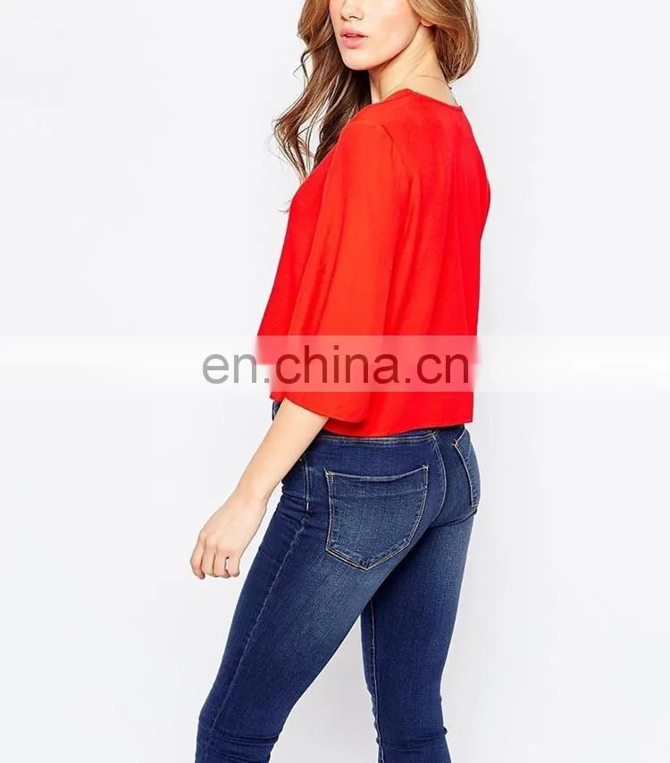 Cropped cut womens clothing 2016 long sleeve deep v neck red blouses for women