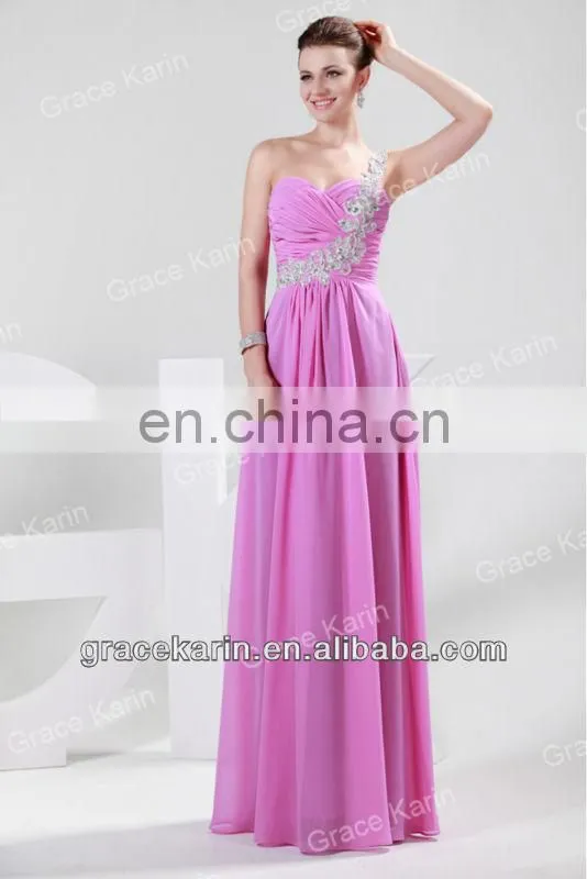 2015 Grace Karin Cheap Pink Long Evening Dresses One Shoulder Evening Gown CL4425