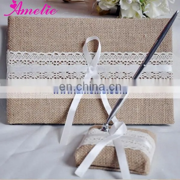 Burlap Wedding Guestbook and Pen Holder Set with Lace