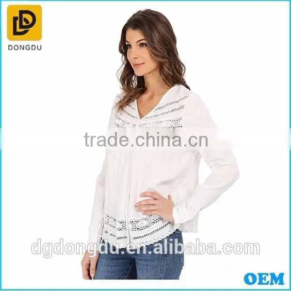 Wholesale Cotton Women Blouse Long Sleeve Casual White Lady Blouse