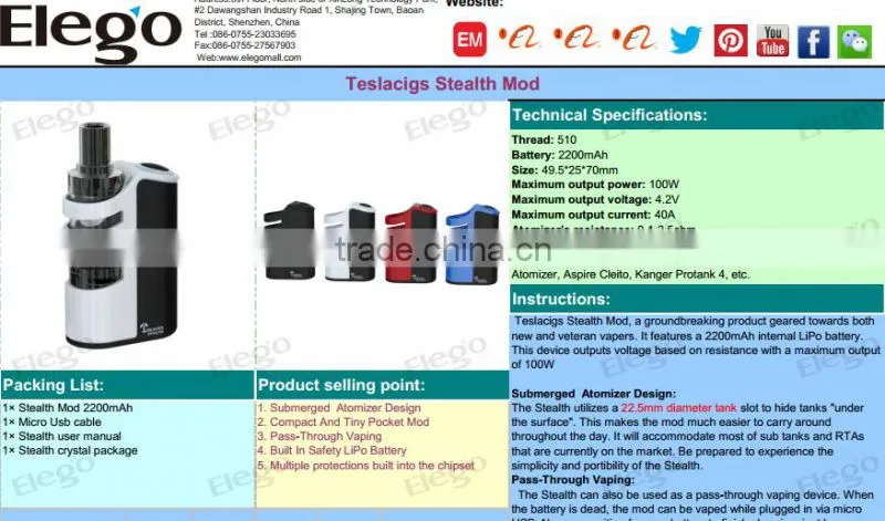 2016 Latest Built In LiPo Battery Teslacigs Stealth Mod, 100W Tesla Stealth Mod