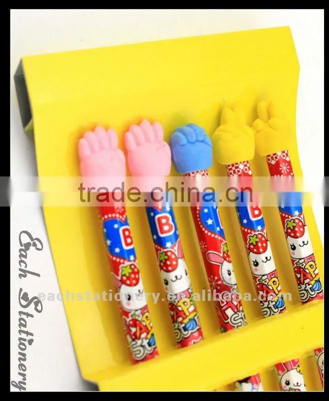 2012 hot sales 7inch hot transfer parinting cartoon pencil set with eraser top 5 pieces gift stationery set