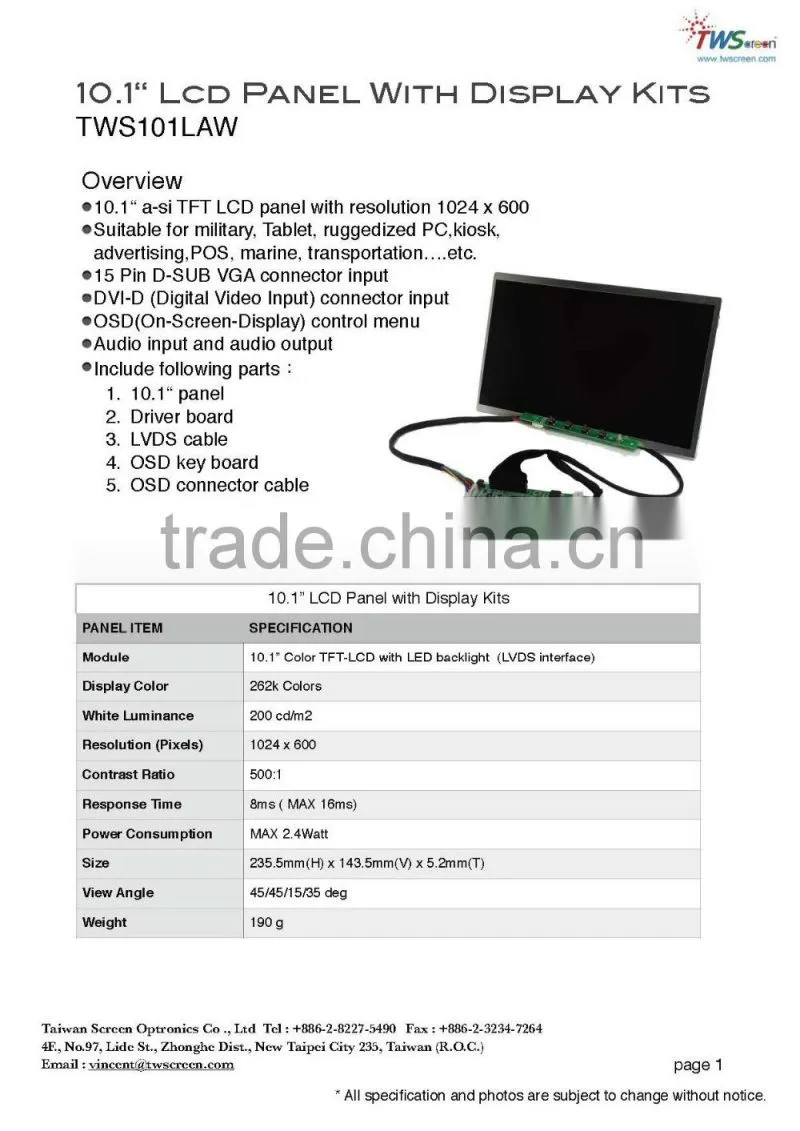 Ready to use Display panel kits with 10.1" Lcd Screen Module