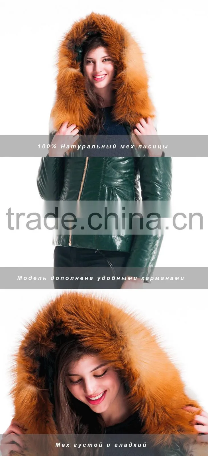 New Design Winter Women Short Slim Fit Leather Jacket With Red Fox Hat Overcoat