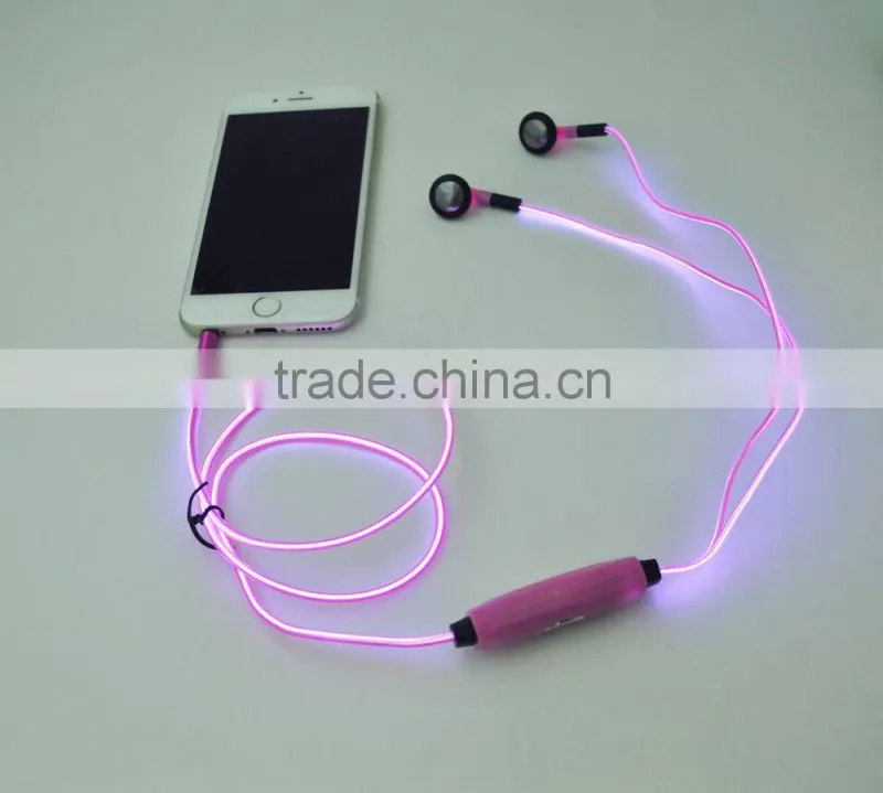 EL light Earbuds and LED earphone, golwing earphone with microphone