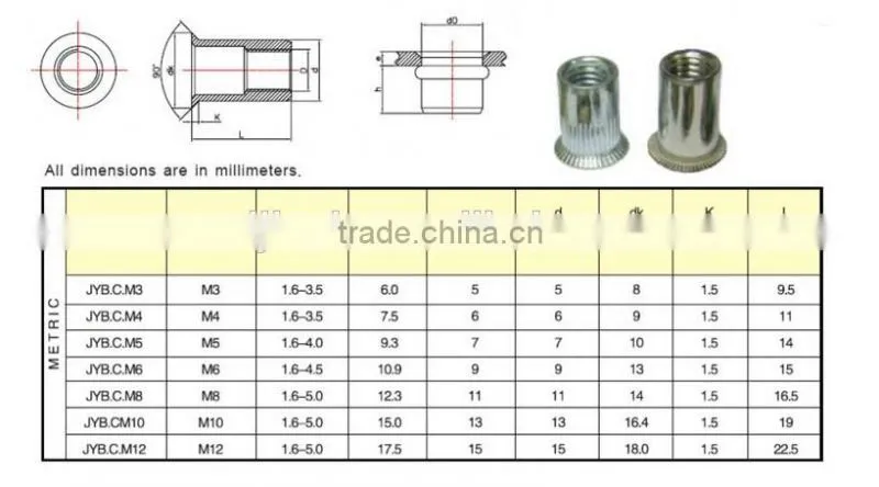Carbon Steel Countersunk Head Rivet Nut plating Zinc