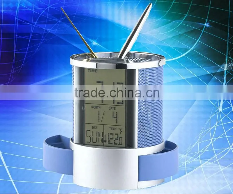 Mesh metal fashion table calendar clock penholder