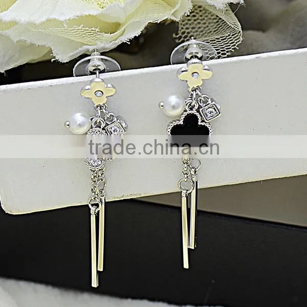 long tassel hanging mounting fake pearl and diamond earrings