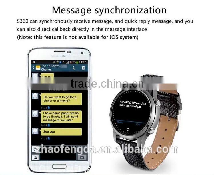 S360 android smart watch for iphone 5 bluetooth price of phone leather smart watch with 1.22" display