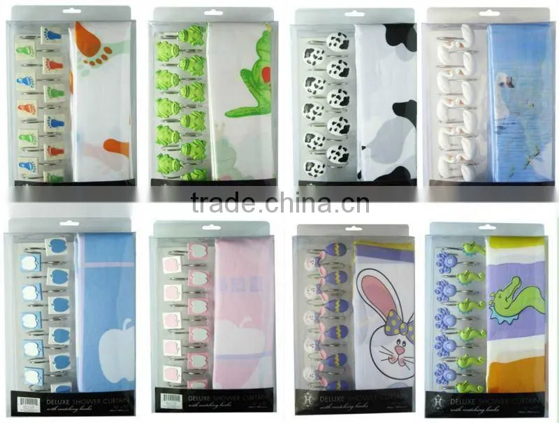 cute style polyester shower curtain/bathroom curtain matching with 12pcs poly resin hooks