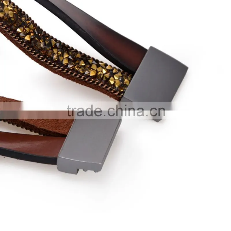 50PC Fashion Double Wrap Leather Bracelet Black Brown Crystal Leather Bangle Magnet Clasp