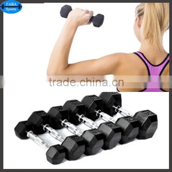 Black rubber coated hex dumbbell