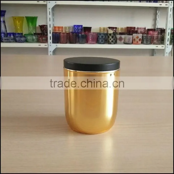 High-end electroplated gold glass candle holder with sealed black wooden top