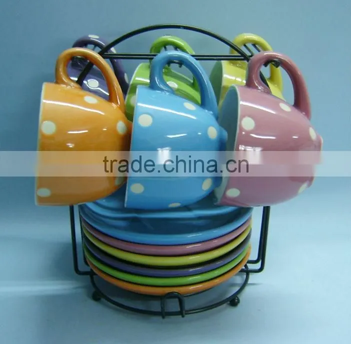 Hand printing ceramic coffee mug set with metal stand