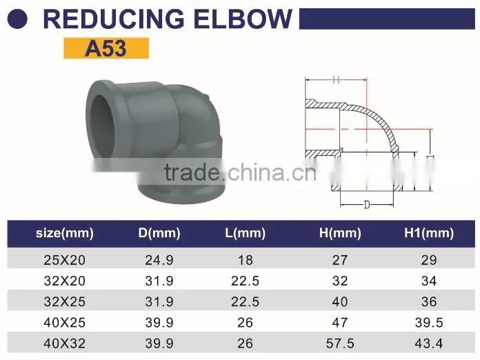 HIGH QUANLITY REDUCING ELBOW OF PVC DIN STANDARD FITTINGS FOR WATER SUPPLY