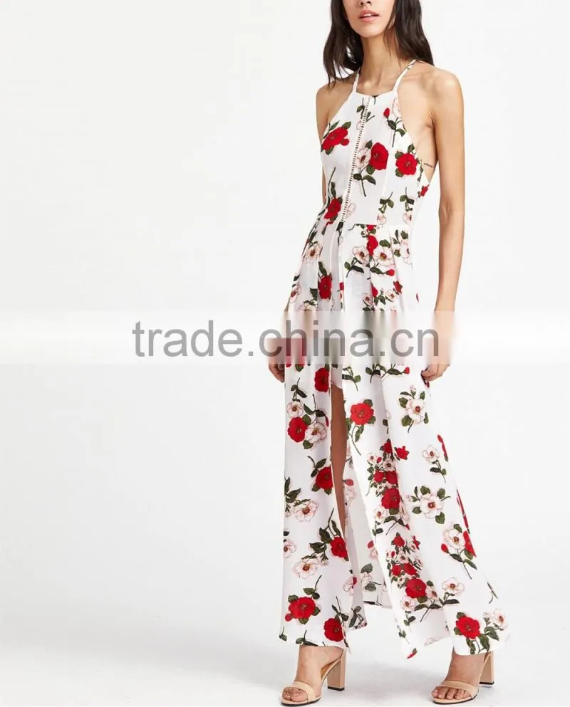 Whosale Clothing OEM Hollow Out Slit Crisscross Back Calico Print Dress