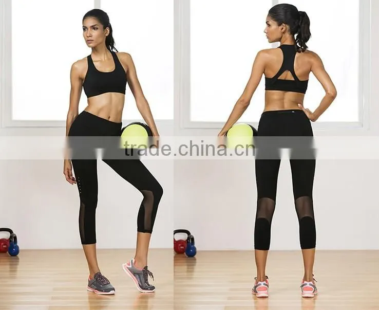High elastic splicing mesh 90% polyester 10% spandex yoga pants wholesale for fittness