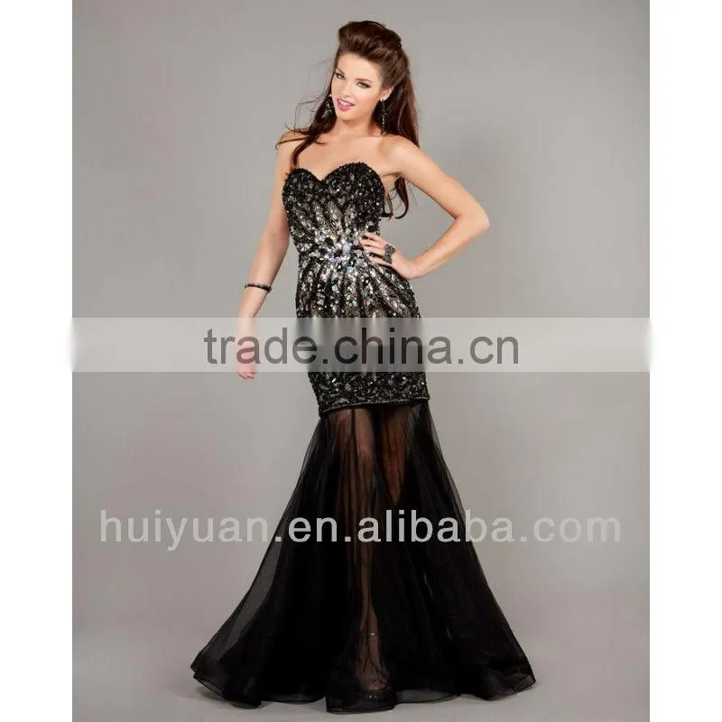 Newest black deep V neck full beads long dress