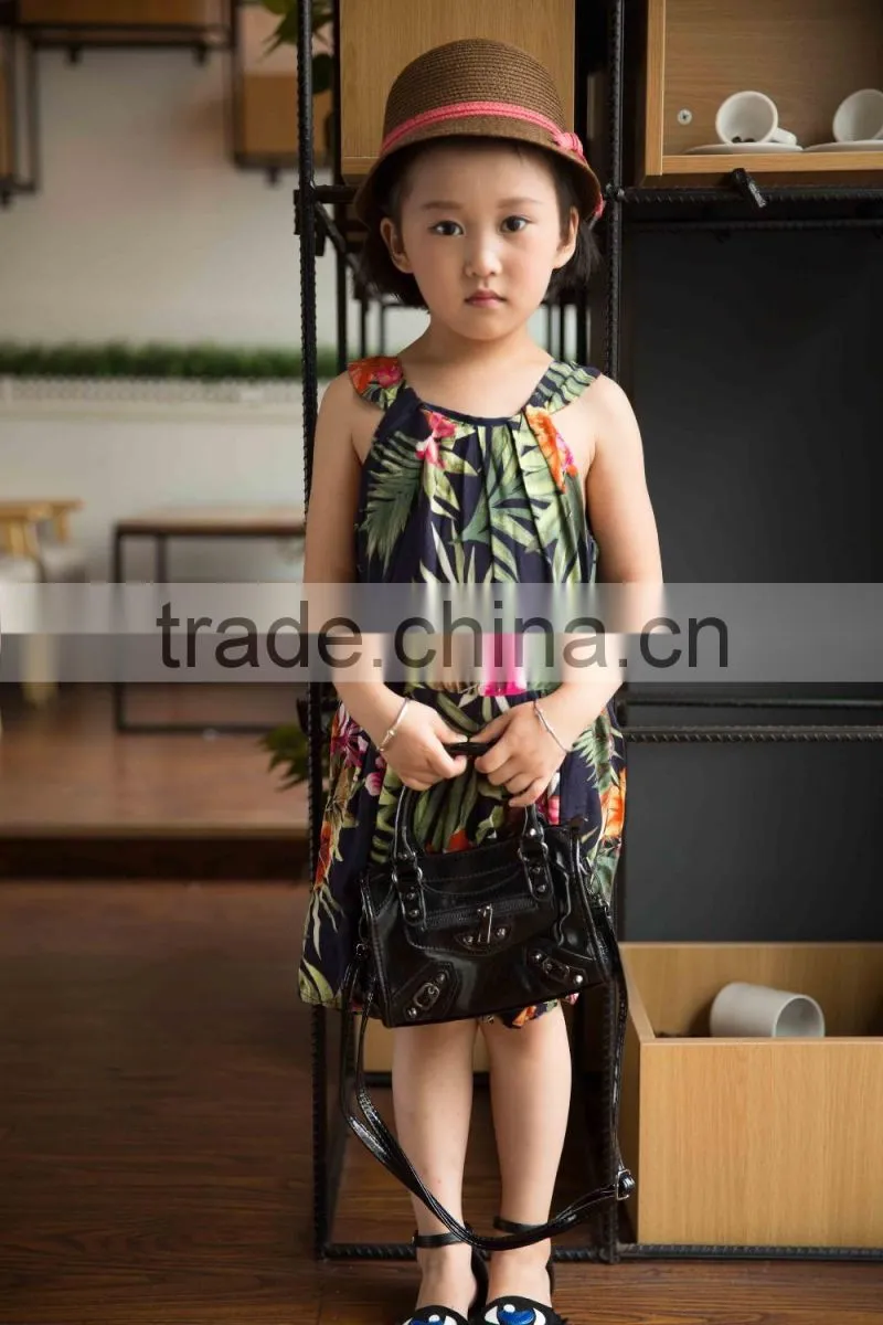 fashion 2016 girl sleeveless strap dress bright color printed flower girl dress