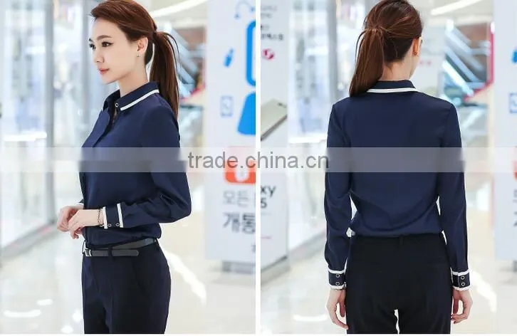 custom high quality woman clothes fashionable navy blue elegant ladies blouse wholesale