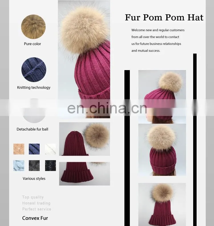 Popular women men beanie hats fur poms hats fur bobble hats wholesale pom poms hats with genuine fur ball