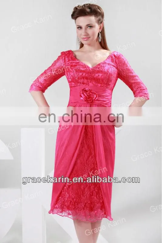 2015 Grace Karin Knee-Length Lace Mother of Bride Dress with Middle Sleeve Women's Black and Red V-Neck CL4363-2#