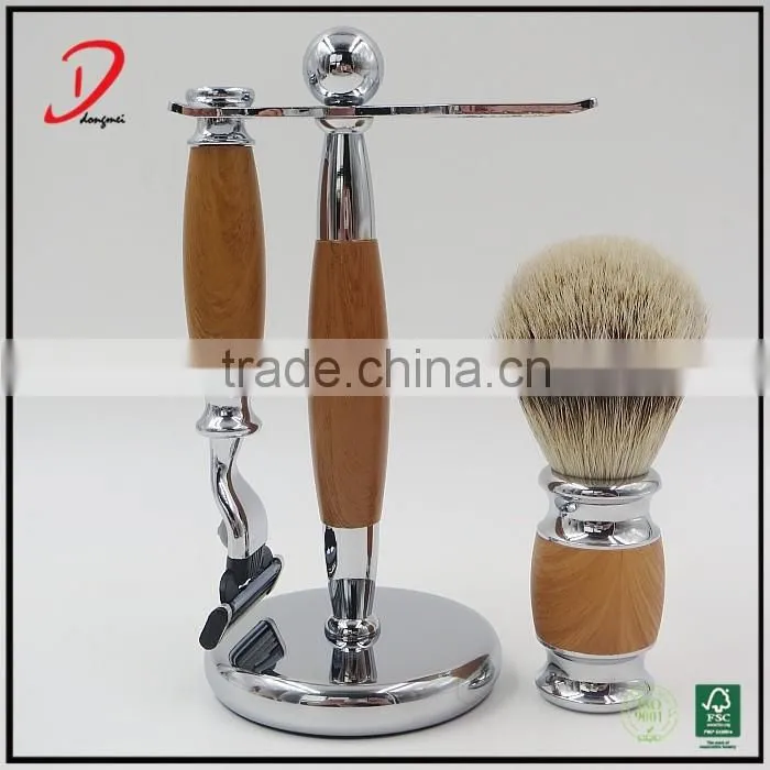 faux wood metal handle shaving brush set ,male shaving razor custom shaving set , shaving brush kits professional manufacturer