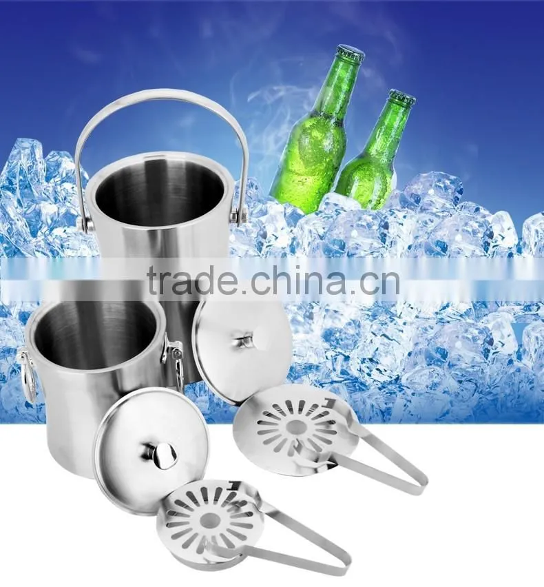 custom small stainless steel ice bucket and Tongs- double wall beer ice bucket with opener wholesale