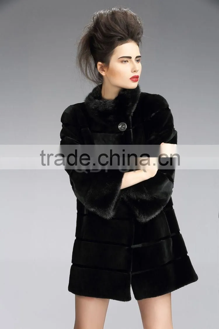 QD29213 Wholesale Women Top Rabbit Fur Jacket With Mink Fur Trim