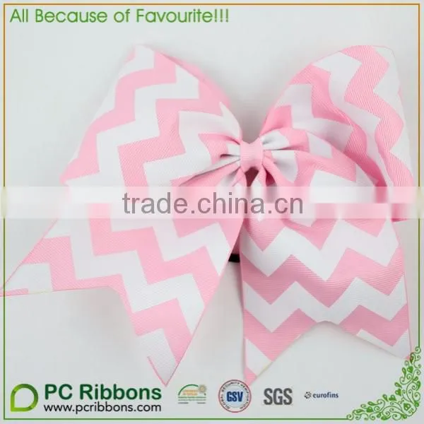 Pink chevron grosgrain big cheer bow with ponytail elastic loop