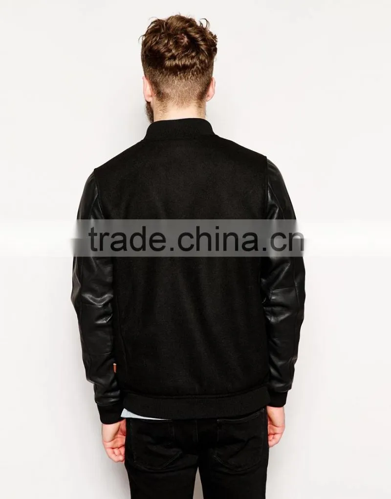 mens wool bomber jacket with PU sleeves